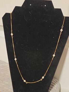 Vintage 1980s Long Gold Pearl Station Necklace Slinky Snake Chain Stamped Korea